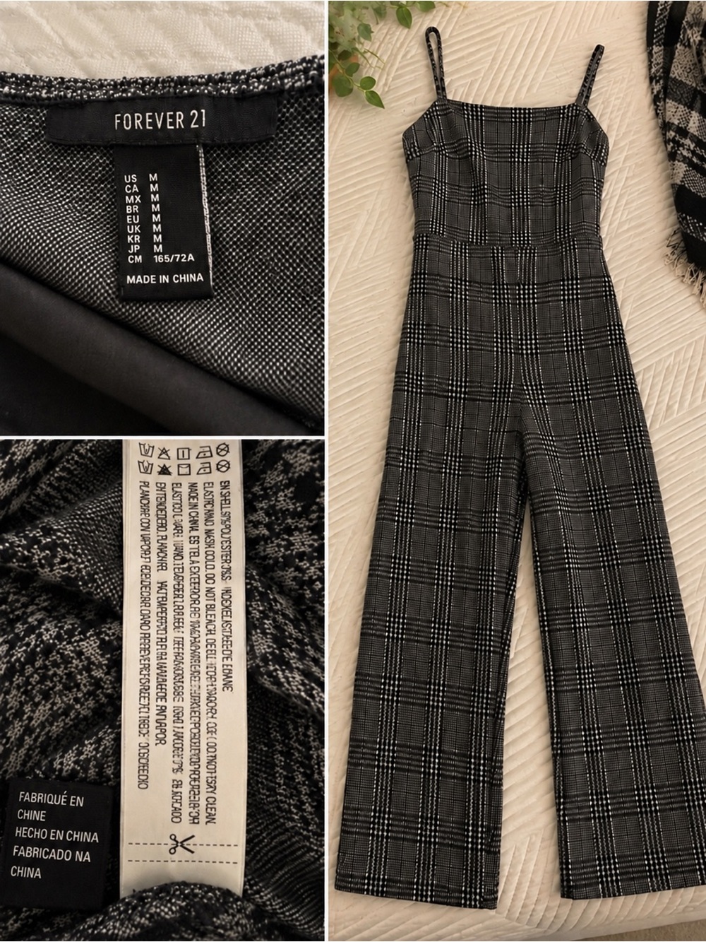 Forever 21 Black & Gray Plaid Wide-Leg Jumpsuit